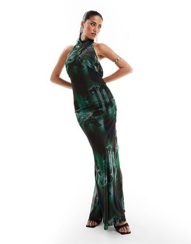 Vestito lungo avvolgente senza maniche in tessuto a rete verde scuro con stampa a fiori - ASOS DESIGN - Modalova