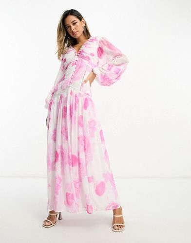 Vestito lungo con bottoni e pieghe rosa a fiori con inserti in pizzo - ASOS DESIGN - Modalova