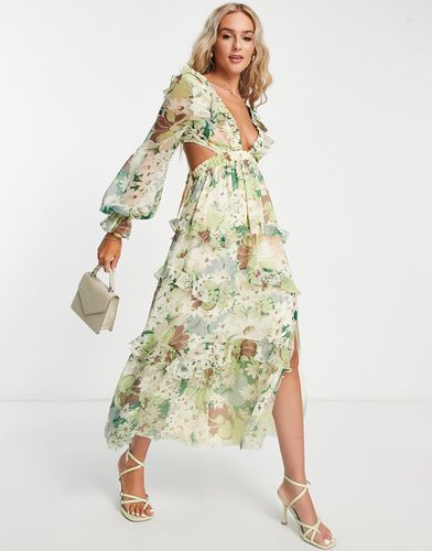 Vestito midi a balze con volant e vita elasticizzata a fiori con allacciatura sul retro - ASOS DESIGN - Modalova