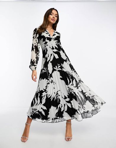 Vestito midi a pieghe con scollo profondo e stampa floreale monocromatica - ASOS DESIGN - Modalova