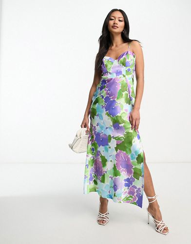 Vestito midi in raso a fiori effetto acquerello con dettaglio stile corsetto - ASOS DESIGN - Modalova