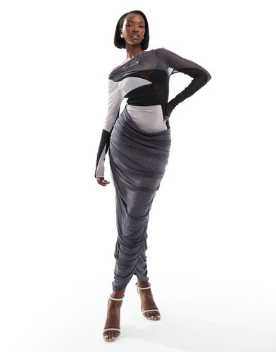 Vestito midi in rete color block tono su tono con spalle scoperte e dettaglio increspato - ASOS DESIGN - Modalova