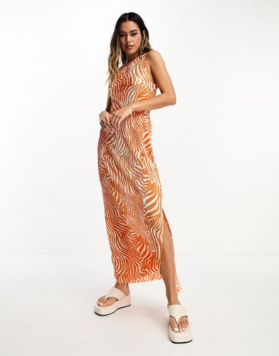 Vestito midi plissé con fascia elasticizzata sul retro arancione zebrato - ASOS DESIGN - Modalova