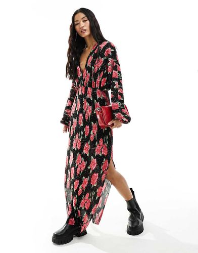 Vestito midi plissé nero con stampa di rose rosse, maniche lunghe ad ali di pipistrello e allacciatura sul retro - ASOS DESIGN - Modalova