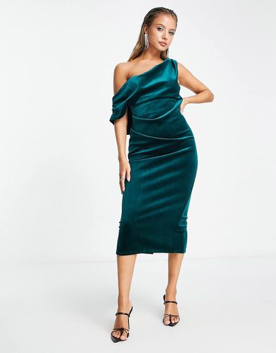 Vestito midi strutturato con spalle scese in velluto bottiglia a pieghe - ASOS DESIGN - Modalova