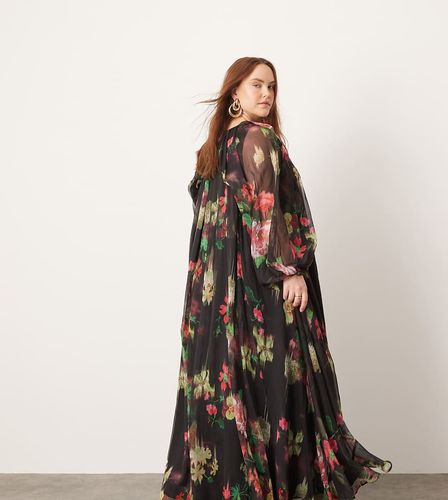 Curve - Vestito lungo in chiffon nero con stampa floreale e maniche voluminose - ASOS EDITION - Modalova