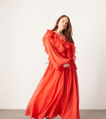 Curve - Vestito lungo rosso con volant, bordi grezzi e coulisse in vita - ASOS EDITION - Modalova