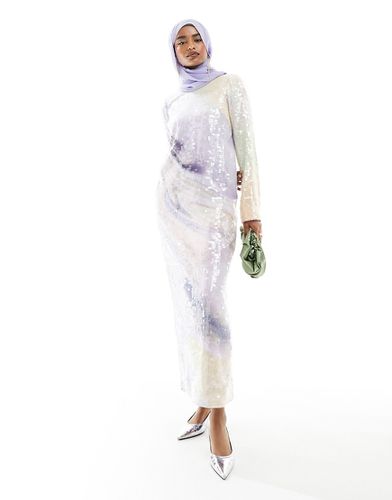 Vestito lungo a maniche lunghe con paillettes e stampa astratta in colore pastello - ASOS EDITION - Modalova