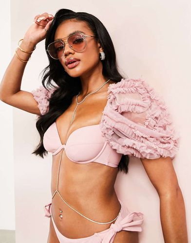 Top bikini con maniche a sbuffo in pizzo 3D color visone - ASOS Luxe - Modalova