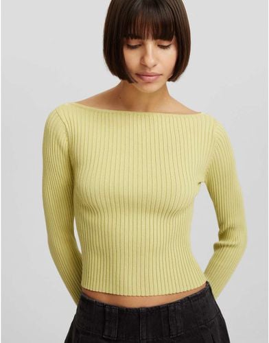 Top in maglia verde pistacchio a coste con maniche svasate - Bershka - Modalova