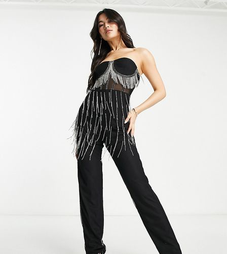 Esclusiva - Tuta jumpsuit nera con corsetto trasparente con frange di cristalli - Lace & Beads - Modalova