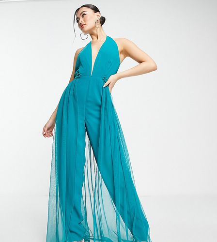 Esclusiva - Tuta jumpsuit con scollo profondo e strato sovrapposto in tulle color smeraldo - Starlet - Modalova