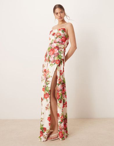 Robe longue à fleurs avec col bénitier, brides croisées au dos et fente sur la cuire - Blanc et - Hope & Ivy - Modalova