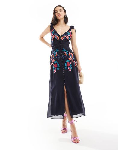 Vestito midi navy ricamato con spalline annodate - Hope & Ivy - Modalova