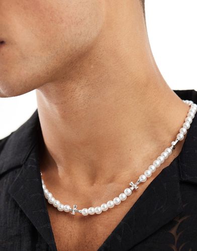 Collana con perle e charm a forma di croce placcati argento - Jack & Jones - Modalova
