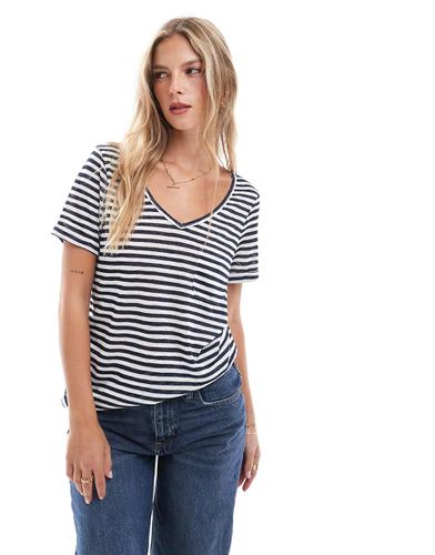 T-shirt con scollo a V blu navy e bianca a righe - Object - Modalova