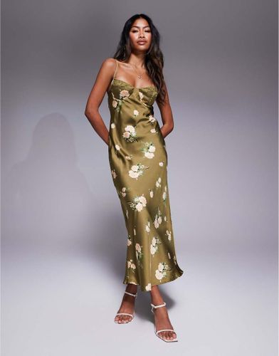 Robe longue en satin imprimé fleuri avec bonnets bordés de dentelle - Olive foncé - Love Triangle - Modalova