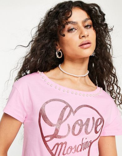 T-shirt con perline sulle finiture e logo glitterato - Love Moschino - Modalova