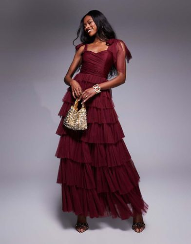 Vestito lungo in tulle bordeaux con fiocchi sulle spalle - Lace & Beads - Modalova