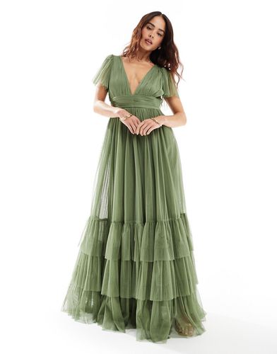Madison - Vestito da damigella lungo in tulle oliva tenue con scollo a V - Lace & Beads - Modalova