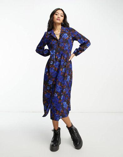 Vestito camicia midi blu e marrone a fiori - Monki - Modalova