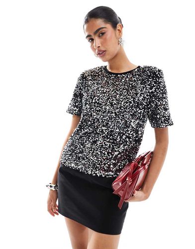 T-shirt a maniche corte in velluto nero con paillettes argento - Morgan - Modalova