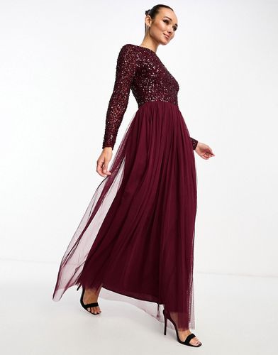 Bridesmaid - Vestito lungo da damigella a maniche lunghe in tulle color vino con delicate paillettes tono su tono - Maya - Modalova