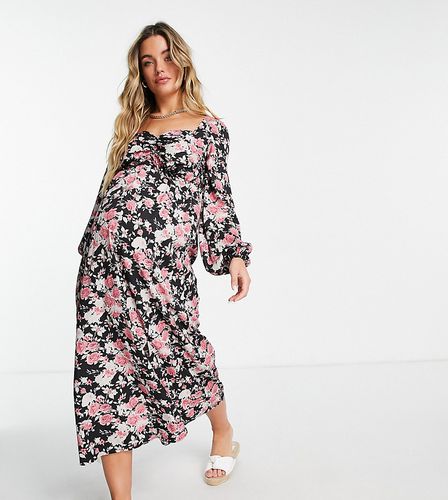 Vestito al polpaccio nero a fiori con vita arricciata - Missguided Maternity - Modalova