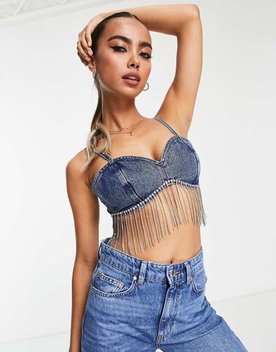 Brassière in denim lavaggio scuro con frange - Miss Selfridge - Modalova