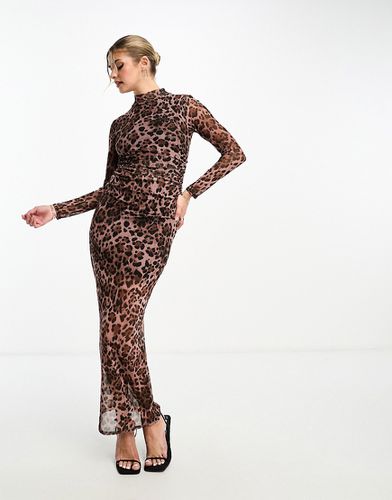 Vestito lungo a maniche lunghe arricciato e trasparente marrone con stampa leopardata - Miss Selfridge - Modalova