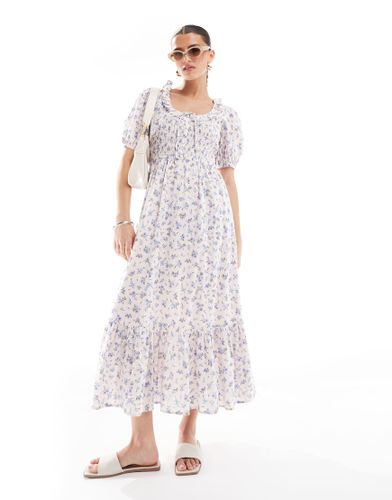 Robe mi-longue tendance folk avec manches bouffantes et imprimé fleuri - New Look - Modalova