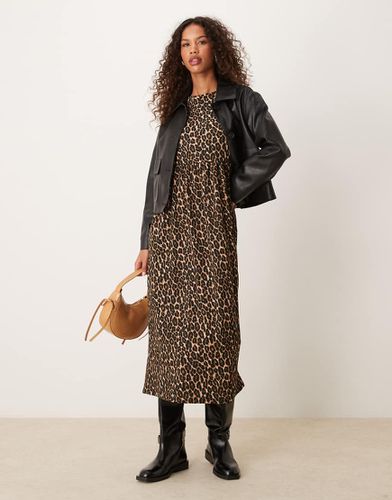 Vestito midi punto smock stropicciato con stampa leopardata e fiocco sulla schiena - New Look - Modalova