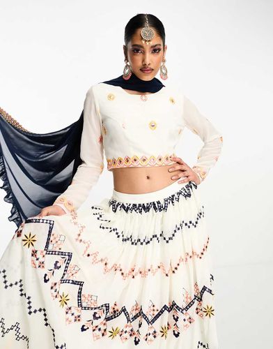 Lehenga - Crop top a maniche lunghe color crema e oro ricamato - Nesavaali - Modalova