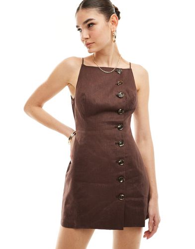 Vestito corto con spalline sottili e bottoni effetto lino con scollo squadrato color cioccolato - SNDYS - Modalova