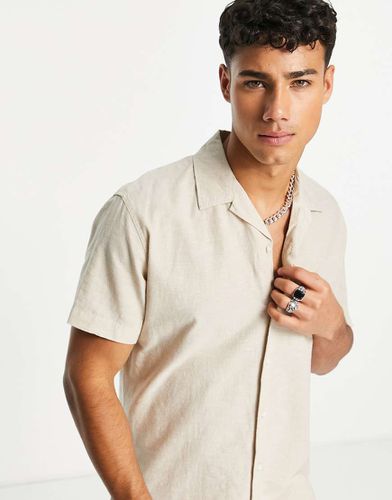 Camicia con rever a maniche corte in misto lino beige - Selected Homme - Modalova