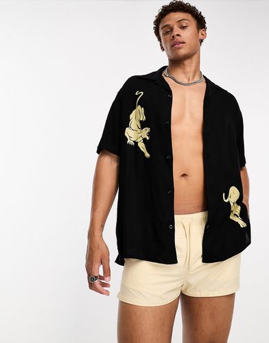 Camicia oversize nera con colletto a rever e stampa di tigri - Selected Homme - Modalova