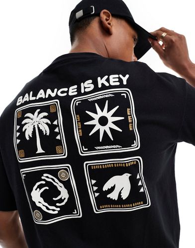 T-shirt oversize nera con stampa "Balance" con palme sul retro - Selected Homme - Modalova