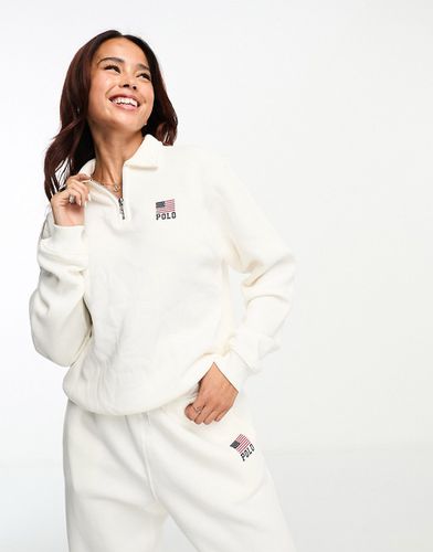 Felpa crema con logo a bandiera e zip corta in coordinato - Polo Ralph Lauren - Modalova