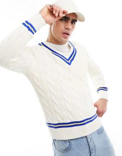 Maglione lavorato a trecce in cotone color crema e blu navy stile cricket - Polo Ralph Lauren - Modalova