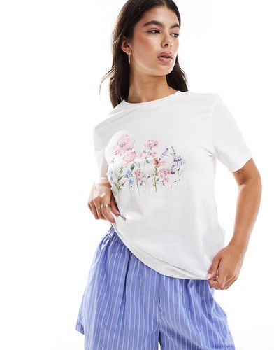 T-shirt bianca con stampa a fiori - Pieces - Modalova