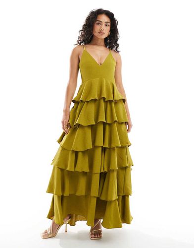 Vestito lungo a balze testurizzato color chartreuse - Pretty Lavish - Modalova