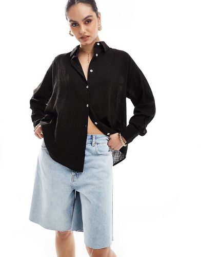 Camicia oversize a maniche lunghe effetto lino nera - Pull & Bear - Modalova