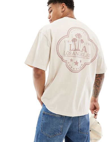 T-shirt beige con stampa Los Angeles - Pull & Bear - Modalova