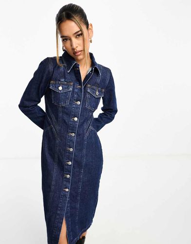 Vestito midi in denim scuro a maniche lunghe con cuciture a contrasto - River Island - Modalova