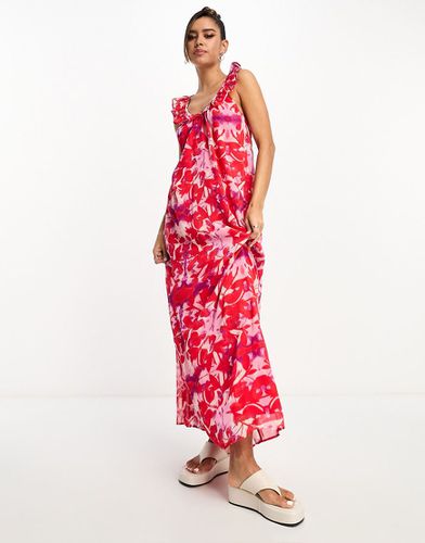 Vestito midi rosa a fiori da annodare sul retro con spalline a volant - River Island - Modalova