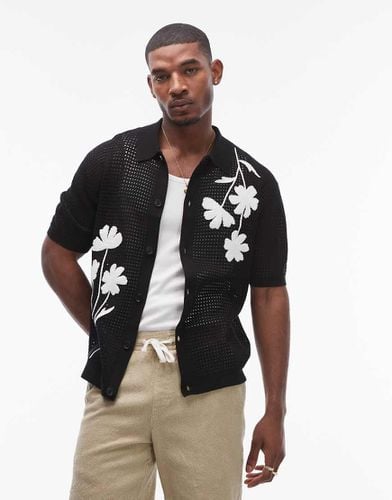 Maglia con bottoni e rever nera con applicazioni - Topman - Modalova