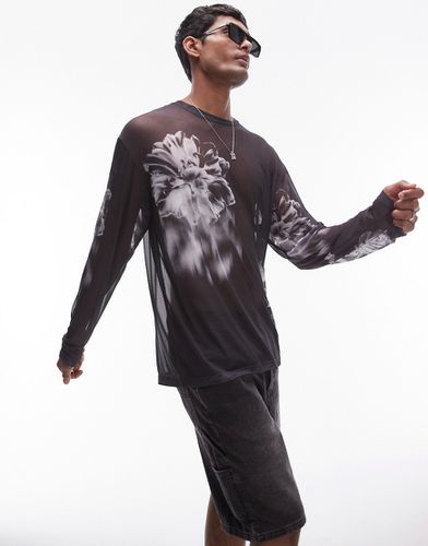 Maglietta oversize a maniche lunghe in rete nera con stampa floreale - Topman - Modalova