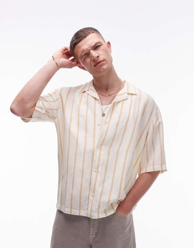 Camicia a maniche corte in misto lino color pietra a righe - Topman - Modalova