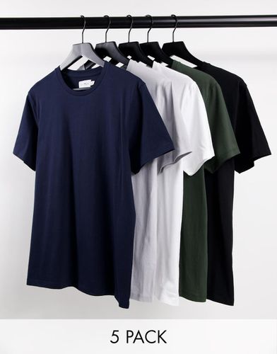 Confezione da 5 t-shirt classiche in cotone bianca, nera, grigia, kaki e blu navy - NAVY - Topman - Modalova