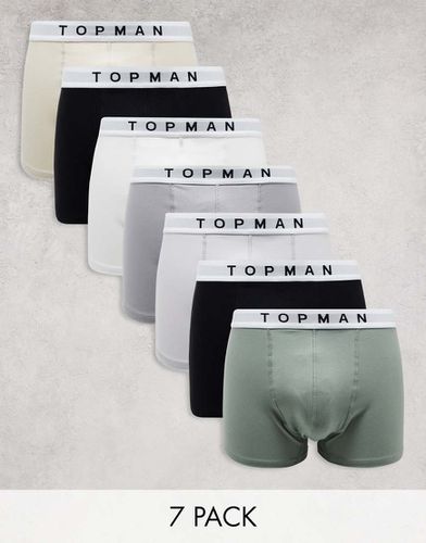 Confezione da 7 paia di boxer aderenti neri, bianchi, grigi, grigio chiaro, color pietra e verdi con fascia in vita bianca - Topman - Modalova